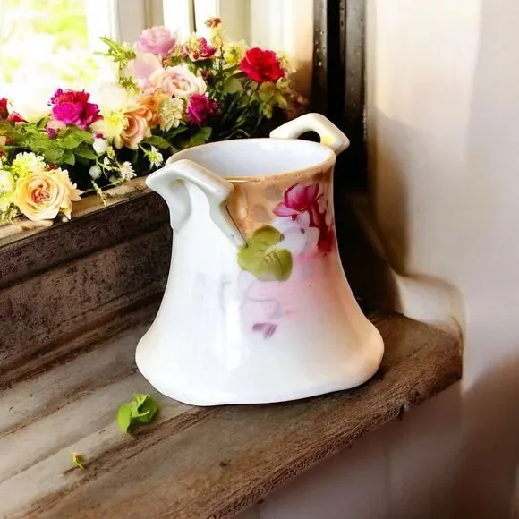 Antique Nippon Small Hand Painted Two Handled Mini Bud Vase Floral Fine China - Picture 3 of 6